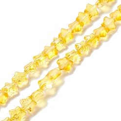 Oro Perlas de vidrio transparentes, con polvo del brillo, estrella, oro, 7.5~8x8.3x4 mm, agujero: 0.7~1 mm, sobre 50 unidades / cadena, 14.72~14.92 pulgada (37.4~37.9 cm)