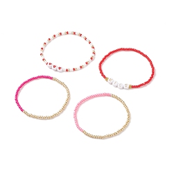 Red 4Pcs 4 Style Heart & Word Kiss Plastic Beaded Stretch Bracelets Set, Glass Seed Bracelets for Women, Red, Inner Diameter: 2-1/4 inch(5.8cm), 1Pc/style