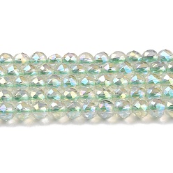 Pale Green Electroplate Transparent Glass Beads Strands, Rainbow Plated, Faceted Round, Pale Green, 3x2.5mm, Hole: 0.7mm, about 149pcs/strand, 14.57''(37cm)