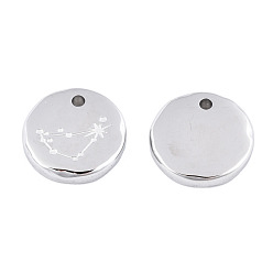 Capricorn 316 Surgical Stainless Steel Charms, Flat Round with Constellation, Stainless Steel Color, Capricorn, 10x2mm, Hole: 1mm