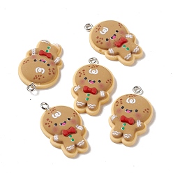 BurlyWood Christmas Theme Opaque Resin Pendants, with Platinum Tone Iron Findings, Gingerbread Man, Tan, 30x18x5.5mm, Hole: 2mm