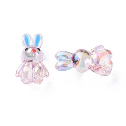 Pink Transparent Acrylic Beads, with Enamel, AB Color Plated, Rabbit, Pink, 25x14.5x11mm, Hole: 2.5mm
