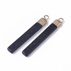 Blue Goldstone Top Golden Plated Synthetic Blue Goldstone Pendants, with Golden Tone Iron Loops, Bar, 44~45x5.5x3mm, Hole: 2mm
