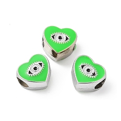 Lime CCB Plastic European Beads, Large Hole Beads, Heart with Evil Eyes, Lime, 11x11.5x8mm, Hole: 5mm