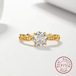 Golden Clear Cubic Zirconia Diamond Finger Ring, 925 Sterling Silver Finger Ring, Golden, US Size 7(17.3mm)