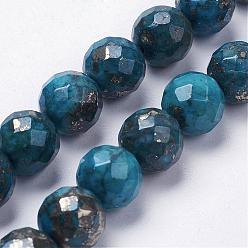 Deep Sky Blue Natural Pyrite Beads Strands, Dyed, Round, Faceted, Deep Sky Blue, 10~11x10~11mm, Hole: 1.5mm, about 19pcs/strand, 7.8 inch(20cm)