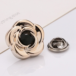 Jet Plastic Brooch, Alloy Pin, with Rhinestone, for Garment Accessories, Flower, Jet, 18mm