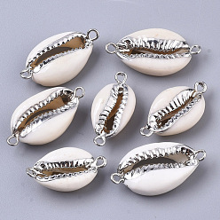 Platinum Electroplate Cowrie Shell Links connectors, with Iron Findings, Platinum, 21~27x10~14x6mm, Hole: 1.5mm