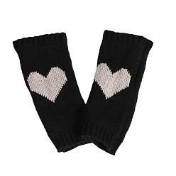 Black Polyacrylonitrile Fiber Yarn Knitting Fingerless Gloves, Two Tone Winter Warm Gloves with Thumb Hole, Heart Pattern, Black & White, 190x70mm