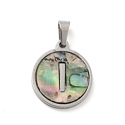 Letter I 304 Stainless Steel with Paua Shell Pendants, Stainless Steel Color, Flat Round with Letter Charm, Letter.I, 18x16x1.5mm, Hole: 3x6mm