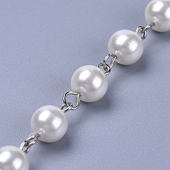 Beige Perlas de cristal teñidas hechas a mano con cuentas, sin soldar, con alfiler de hierro, Platino, crema, 39.37 pulgada, 1 m / cadena