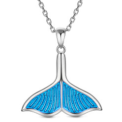 Platinum SHEGRACE 925 Sterling Silver Pendant Necklaces, with Epoxy Resin and Cable Chains, Whale Tail Shape, Platinum, 15.35 inch(39cm), Tail: 24.1x21.2mm
