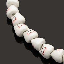 Blanc Brins de perles en céramique de porcelaine émaillée brillante chaton fait à la main, tête de chat de bande dessinée, blanc, 8x10x9mm, Trou: 2mm, Environ 40 pcs/chapelet, 13 pouce