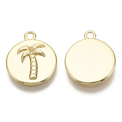 Real 18K Gold Plated Brass Pendants, Flat Round with Coconut Tree, Nickel Free, Real 18K Gold Plated, 16x13.5x2mm, Hole: 1.5mm