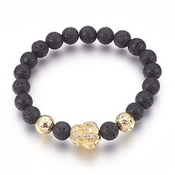 Golden Stretch Bracelets, with Long-Lasting Plated Electroplated Natural Lava Rock, Natural Lava Rock and Brass Cubic Zirconia Beads, Buddha, Golden, 2-1/8 inch(5.5cm)