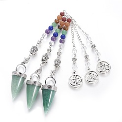 Green Aventurine Chakra Jewelry Natural Green Aventurine Cone Dowsing Pendulums, with Brass Finding and Alloy Chain, Antique Silver, 235~245x2.5mm