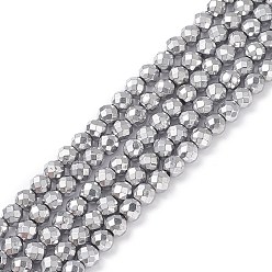 Platinum Plated Non-Magnetic Synthetic Hematite Beads Strands, Vacuum Plating, Faceted, Round, Platinum Plated, 6mm, Hole: 1mm, about 37~38pcs/strand, 7.9 inch