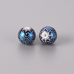 Plaqué Bleu Perles en verre electroplate, ronde avec motif, bleu plaqué, 10mm, Trou: 1.2mm