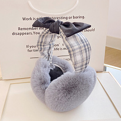 Gris Cache-oreilles bandeau pliable en laine pour femmes, cache-oreilles d'hiver en plein air, avec noeud en coton motif tartan, grises , 150mm