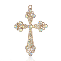 Cristal AB Alliage strass gros pendentifs, clenchee croix latine, or et de lumière, cristal ab, 73x51x5mm, Trou: 3mm