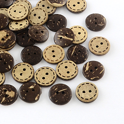 Brun De Noix De Coco 2 -hole boutons de noix de coco plats et ronds, brun coco, 15x3mm, Trou: 2mm