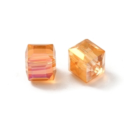 Dark Orange Electorplated Glass Beads, Rainbow Plated, Faceted, Cube, Dark Orange, 7x7x7mm, Hole: 1mm