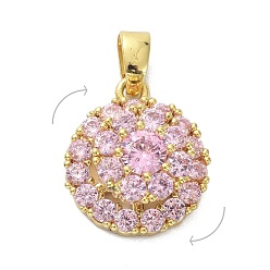 Pearl Pink Brass Micro Pave Cubic Zirconia Pendants, Rotatable, Flat Round, Golden, Pearl Pink, 14.5x13x7mm, Hole: 4x3mm