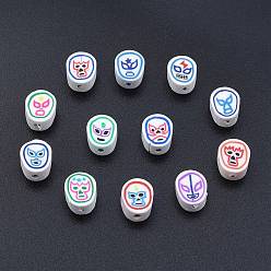 Mixed Color Handmade Polymer Clay Beads, Oval with Mask Pattern, Mixed Color, 10x8.5x4.5mm, Hole: 1.6mm