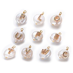 Colorful Natural Cultured Freshwater Pearl Pendants, with Brass Micro Pave Cubic Zirconia Findings, Flat Round with Random Mixed Letter, Golden, Colorful, 16x11mm,Hole:1.80mm