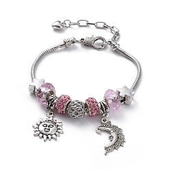 Pink Laiton bracelets européens, avec perles strass argile polymère , perles européennes en verre, perles et pendentifs européens en alliage, soleil et lune, rose, 8-1/8 pouce (20.5 cm)