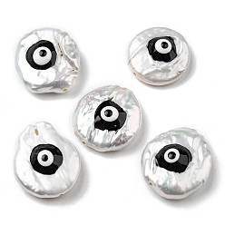 Black Baroque Style Natural Keshi Pearl Beads, with Enamel, Nuggets with Evil Eye, Black, 16~19.5x15.5~17x6~7.5mm, Hole: 0.7~0.8mm
