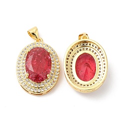 Red Real 16K Gold Plated Brass Micro Pave Cubic Zirconia Pendants, with Glass, Oval Charms, Red, 23x17x8mm, Hole: 5x3.5mm