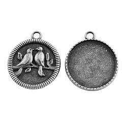 Antique Silver Tibetan Style Alloy Carved Birds Pendant Cabochon Bezel Settings, Cadmium Free & Nickel Free & Lead Free, Antique Silver, Flat Round Tray: 25mm, 32x28x4mm, Hole: 3mm, about 166pcs/kg