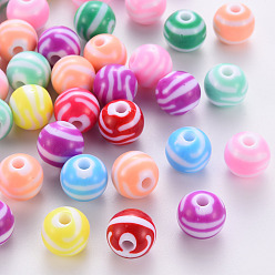 Mixed Color Opaque Striped Acrylic Beads, Round, Mixed Color, 11.5x10.5mm, Hole: 2.5mm, about 549pcs/500g