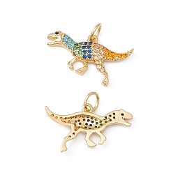 Dinosaur Rack Plating Brass Micro Pave Colorful Cubic Zirconia Pendants, with Jump Ring, Cadmium Free & Nickel Free & Lead Free, Real 18K Gold Plated, Dinosaur, 11x21x2.5mm, Jump Ring: 5x0.6mm, Inner Diameter: 3.8mm