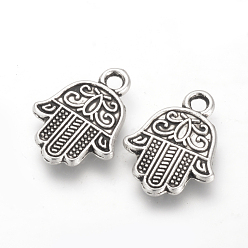 Antique Silver Tibetan Style Alloy Pendants, Cadmium Free & Lead Free, Hamsa Hand/Hand of Fatima/Hand of Miriam, Antique Silver, 17x13x2mm, Hole: 2mm, about 1010pcs/1000g