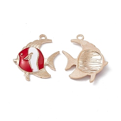 Red Alloy Enamel Pendants, Light Gold, Fish Charm, Red, 27x25x3.5mm, Hole: 2.2mm