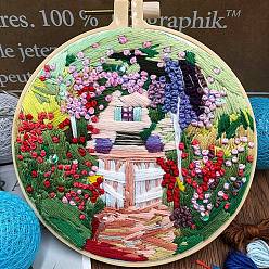 Colorful DIY Garden Pattern Embroidery Starter Kit, Cross Stitch Kit Including Imitation Bamboo Frame, Carbon Steel Pins, Cloth and Colorful Threads, Colorful, 177x164x8.5mm, Inner Diameter: 144mm