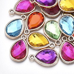 Mixed Color UV Plating Acrylic Pendants, with Acrylic Rhinestone, Faceted, Teardrop, Light Gold, Mixed Color, 25x16x4.5mm, Hole: 2mm