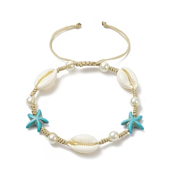 White Synthetic Turquoise(Dyed) Starfish & Natural Shell & Glass Pearl Braided Bead Bracelet, Adjustable Ocean Theme Bracelet for Women, White, Inner Diameter: 2-1/8~3-3/8 inch(5.5~8.5cm)
