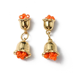 Orange Rack Plating Brass Pendants, with Acrylic Beads, Cadmium Free & Lead Free, Long-Lasting Plated, Real 18K Gold Plated, Bell, Orange, 25x6.5~9.5x5.5~7.5mm, Hole: 3.3mm