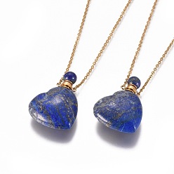 Lapis Lazuli Natural Lapis Lazuli Openable Perfume Bottle Pendant Necklaces, with Stainless Steel Cable Chain and Plastic Dropper, Heart, 50~55cm, Bottle Capacity: 0.15~0.3ml(0.005~0.01 fl. oz), 2mm