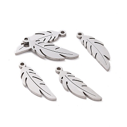 Stainless Steel Color 201 Stainless Steel Pendants, Feather, Stainless Steel Color, 6.5x22x1mm, Hole:1.2mm