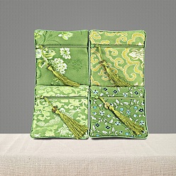 Vert Jaune Sac en tissu à fermeture éclair double couche, sac de rangement de bijoux de style chinois pour accessoires de bijoux, motif aléatoire, vert jaune, 11.5x11.5 cm