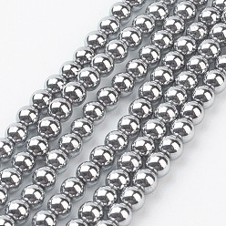 Platino Plateado Recubrimiento al vacío de hebras de perlas de hematita sintética no magnética, rondo, platinado, 4 mm, agujero: 1 mm, sobre 100 unidades / cadena, 15.7 pulgada