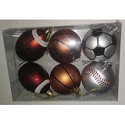 Color mezclado Chgcraft 6pcs colgantes de bolas de Navidad de plástico de fútbol, baloncesto, béisbol y rugby, con hilo de oro ciprio, para la decoración de los adornos del árbol de navidad del partido, color mezclado, 100~145 mm