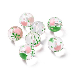 Flor Perlas de vidrio transparentes, con esmalte, rondo, rosa, patrón de flores, 14~15x13~13.5 mm, agujero: 1.5~1.6 mm