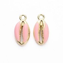 Pink Alloy Enamel Pendants, Cowrie Shell Shape, Light Gold, Pink, 17x8.5x3.5mm, Hole: 1.8mm
