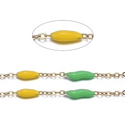 Colorful Handmade Enamel Beaded Chains, with Stainless Steel Curb Chains and Spool, Soldered, Long-Lasting Plated, Golden, Colorful, 1.5x1x0.1mm, about 32.8 Feet(10m)/roll
