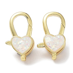 Heart Rack Plating Brass Lobster Claw Clasps, with Resin Imitation Opal, Cadmium Free & Lead Free, Real 18K Gold Plated, Long-Lasting Plated, Heart, 18x10.5x6mm, Hole: 3x2mm